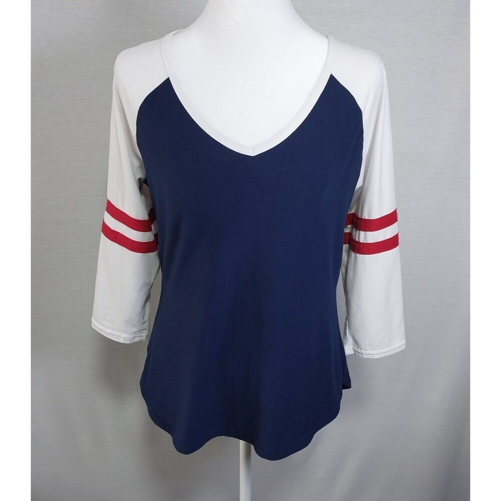 Navy Blue White Raglan Baseball Tee Varsity Striped Sleeve V-Neck Top Size Large